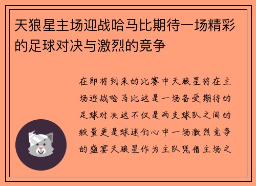 天狼星主场迎战哈马比期待一场精彩的足球对决与激烈的竞争